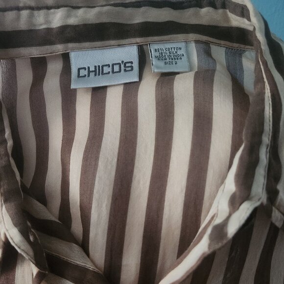 Chico’s sz 2 (L/12) Stripe Tunic Button down tan chocolate silk/cotton blend - Picture 9 of 9